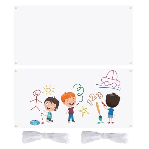 Großes Leeres Banner, 2 Stück 180 x 110CM Weiß Polyester Blanko Fahnen Banner mit 2 x 6m Gewindeseile für Diy, Painting, Outdoor, Wandschilder, Bussiness, Aktivitäten Display, Hochzeit, Graffiti