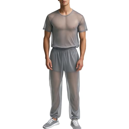 ZAIGELUO Herren Transparent Pajamas Sets Männer Durchsichtiges Sexy Mesh Lässig T Shirt Lounge Hosen Nachtwäsche L Grau