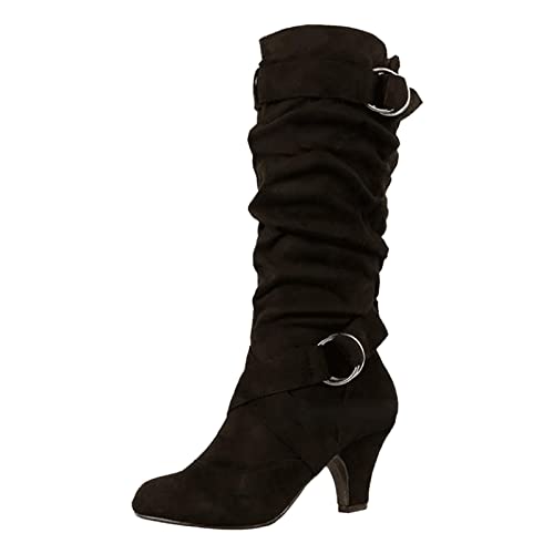 Damenreitstiefel, Fremdhandel, Herbst und Winter, mittelhoher Absatz, modisch, mittelhoch, breite Wadenreitstiefel, Größe 42, Schwarz , 40 EU
