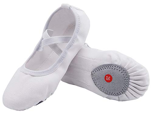 Acfoda Leinwand Ballettschuhe Mädchen mit Geteilter Ledersohle Flache Verstellbar Ballett Schläppchen Kinder Leicht Weich Ballerinas Tanz Gymnastik Schuhe Weiß Gr.34