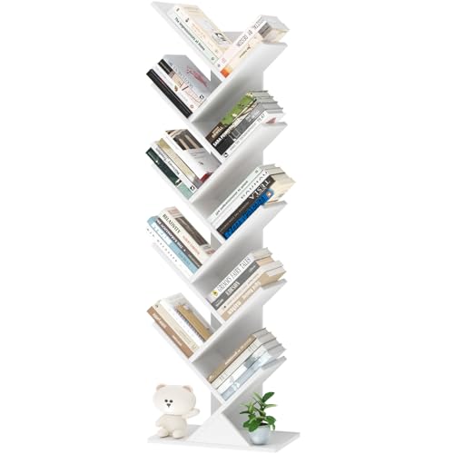 LELELINKY Bücherregal Baumform, Standregal 10 Ebenen für Bücher/CDs/Zeitschriften, DVD Bücherregal Holz, Bücher Regal für Wohnzimmer, Schlafzimmer und Heimbüro, Weiß