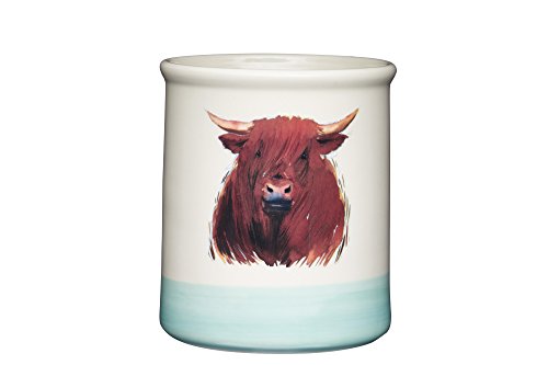 KitchenCraft Apple Farm Handgefertigter Hamish Highland Cow Keramik-Utensilienhalter, Creme/Salbeigrün, 12.5 x 12.5 x 14.6 cm