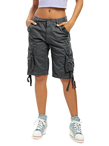 Aeslech Damen Loose Fit Cargo Shorts Baumwolle Casual Sommer Bermuda Shorts mit Multi Taschen, dunkelgrau, 42