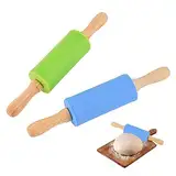 FAINCA 2 Stücke Teigroller Klein, Kinder Nudelholz, Teigroller Silikon, Antihaft Teigrolle, BPA Freie Fondant Rolle, 22,5 x 4,3 CM Rolling Pin für Backzubehör Pizza Fondant (Blau, Grün)