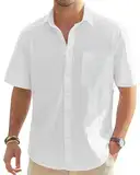 J.VER Leinenhemd Herren Hemd Kurzarm Leinenshirt Freizeithemd Businesshemd Sommer Casual Regular Fit Shirt,Weiß,4XL