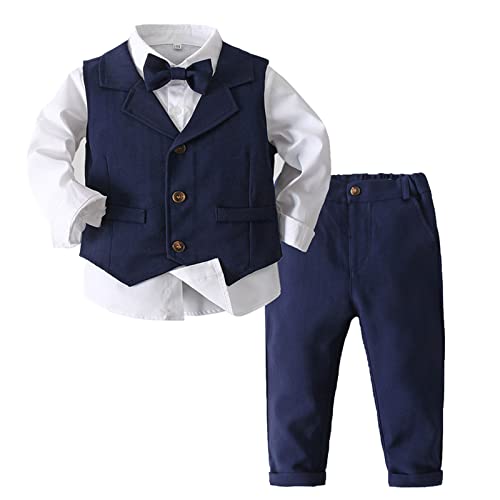 Oyolan Jungen Gentleman Smoking Anzug Hemd + Hosen + Weste + Fliege Sets Langarm 4tlg Babykleidung für Festlich Taufe Hochzeit Navy Blau 86-92