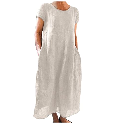 Dasongff Damen Sommerkleid Kurzer Ärmel, Quadratischer Ausschnitt Volantärmel Baumwolle Leinen Kleider Casual Nadelstreifen Einfarbig, Maxikleid Freizeitkleider Lose Milkmaid Dress