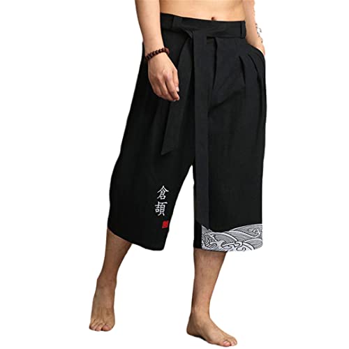 Traditionelle japanische Kimono-Hose, asiatische Kleidung, Badehose, lässig, locker, japanischer Stil, Leinen, Schwarz, Größe XL, Gewicht 65–75 kg