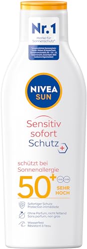 NIVEA SUN Sensitiv Sofortschutz Sonnenlotion LSF 50+ (200 ml), Sonnencreme mit LSF 50+ für empfindliche Haut, wasserfester & parfümfreier Sonnenschutz bei Sonnenallergie