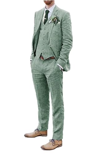 Herren-Anzüge aus Leinen, für Strand, Hochzeit, 3-teilig, für Trauzeugen, Kleidung, Leinen, Blazer, Weste, Hose, Abschlussball, Smoking, Hellgrün, M
