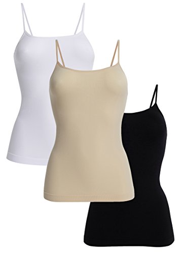 UnsichtBra 3er Pack Damen Shape Unterhemden | Spaghettiträger Basic Top Unterhemd | Mikrofaser Spaghetti Tops ohne Bügel | Weiss Schwarz Beige (Schwarz,Weiss,Beige, M-L)