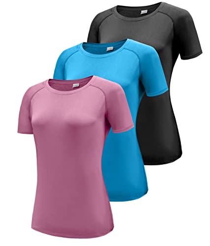 3er Pack Sport T-Shirt Damen, Kurzarmshirt Frauen, Workout Tops Rundhals Sport Casual Oberteile, Kurzarm Funktionsshirt Laufshirt, Sommer Gym Top Yoga Shirt Fitness T-Shirts Black/Blue/Pink 3P14-M