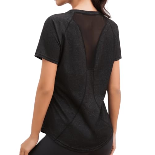 Sportshirt Damen Kurzarm, Rundhals Sport Tshirt Damen Fitness, Back Mesh Sport Oberteile, Leicht Atmungsaktiv Und Dehnbar Funktionsshirt Für Fitness, Laufen, Yoga(L)
