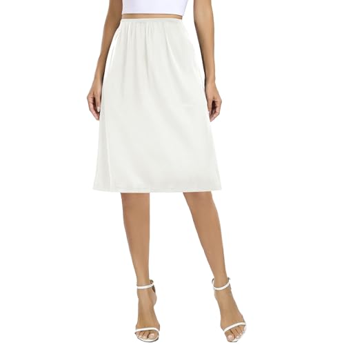 Dressever Damen Unterrock Lang Röcke für Unter Kleid Seidig Touch Unterröcke Elegantes Unsichtbar Petticoat 59 cm Weiß Small