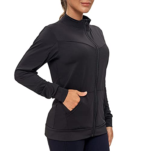 AMZSPORT Damen Laufjacke Sportjacke Langarm Trainingsjacke Sweatjacke mit Tasche Für Fitness Yoga, Schwarz XXL