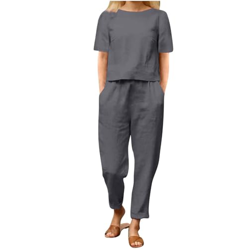 EMATOP Damen Lässiges Leinen Outfits Sommer Zweiteilige Freizeitanzug Baumwolle Leicht Hosenanzug Lose Kurzarm Tshirt und Hose Tracksuit mit Taschen Jogginganzug Sportanzug coupons angebote