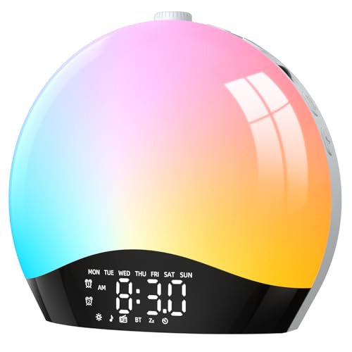 LIORQUE Tageslichtwecker Lichtwecker Sonnenaufgang Sonnenuntergang Simulation, Wecker mit Licht und Wake Up Light, Bluetooth, 18 Farben, 20 Helligkeitsstufen, 22 Klänge - Inklusive Netzadapter