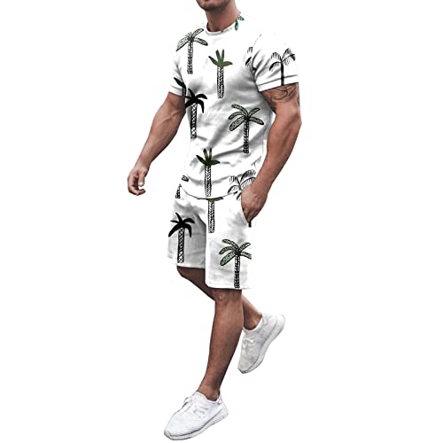 Generisch Herren Frühling Sommer Strand Kurzarm Sport Print Shirt Short Set 2-teiliges Hemd-Hose-Set mit Tasche Hausanzug Jogginganzug Kurze Hosen Herren Cargo Shorts Sommer Baumwolle (White, L)