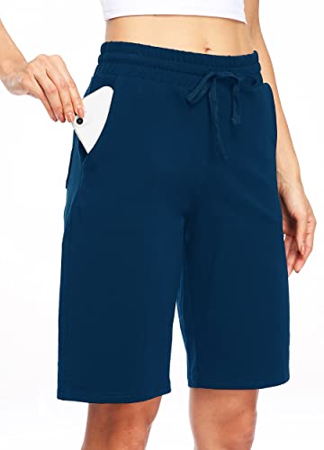 WILLIT Damen Shorts 10" Bermuda Baumwolle Lange Shorts Yoga Übung Knielange Shorts Workout Sportlich mit Taschen Marineblau XL