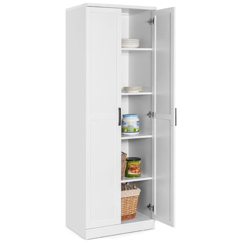 COSTWAY 5 stöckiger Küchenschrank 178cm, Hochschrank Küche mit 2 Türen & verstellbaren Regalen, Vorratsschrank freistehend, Aufbewahrungsschrank für Küche, Schlafzimmer, Badezimmer (Weiß)