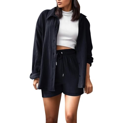 Angebote+Des+Tages+Heute,Retourenware,Musselin Set Damen Sommer Zweiteiler Elegant Y2K Musselin Bluse Und Shorts Lounge Set Baumwolle Sportanzug Oversize Freizeitanzug Outfit Zweiteiler,Dunkel Grau,XL
