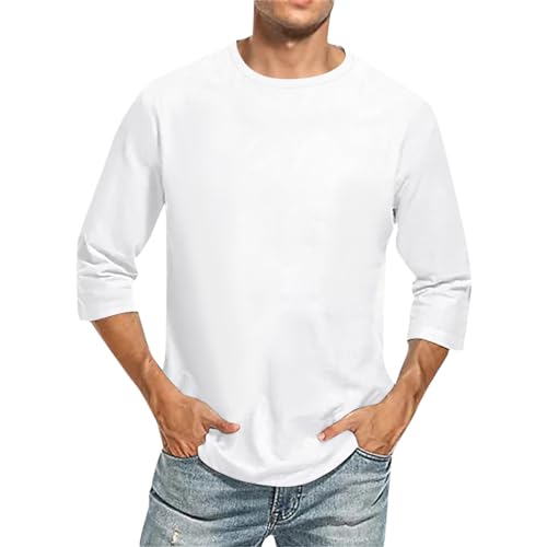 Flanellhemd Herren Herren Hemd Kurzarm Langarmshirt Herren Baumwolle Rundhals Einfarbiges 3/4 Arm Shirt Basic T Shirt Männer Dreiviertelarm Shirt Hemden Herren (Weiß, 3XL)