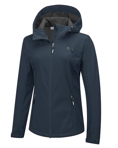 33,000ft Damen Softshelljacke Wasserdichte Winddichte Funktionsjacke Atmungsaktive Laufjacke Leichte Fahhradjacke mit Kapuze Übergangsjacke Windbreaker zum Radfahren, Wandern Nachtsblau 40