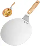 Pizzaschieber mit Holzgriff, Pizzaschaufel Edelstahl, Pizzaschieber Perforiert, 10 Zoll Pizzakruste, Runder Pizzaschieber zum Backen von Hausgemachter Pizza, Brot, Keksen und Kuchen, Aufhängen, Silber