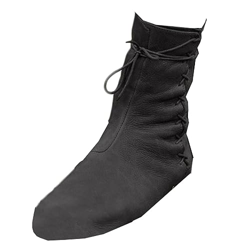 SIULAS PU Leder Stiefel - Renaissance Mittelalter Cosplay Stiefel Schnürstiefel Motorrad Stiefel Kampf Vintage Distressed Pu Leder Stiefel Mode Stiefel für Frauen und Männer Cosplay,Schwarz,46