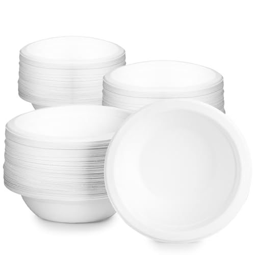Puedno 100 Stück Ökologische Einwegsuppenschale, 260ml Pappschalen Einweg Suppenschalen, Einweggeschirr aus Zuckerrohr, Bio Suppenschüssel Kompostierbares, Weiß