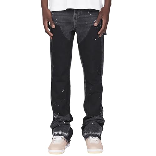 SANSIWU Herren Y2k Micro Flare Jeans, modisch, Tintenspritzer, Patchwork, Denim-Hose, Frühling, lässige Jeans mit Taschen, Schwarz , M