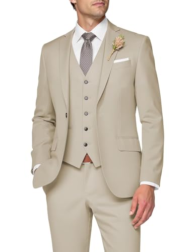 SPTALLFITJSV 3-teiliger Anzug für Herren, schmale Passform, Hochzeitsanzüge für Herren, elegante Ein-Knopf-Jacke, einreihige Weste, Hose, Beige, XL