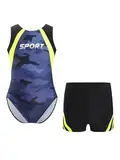 MSemis Kinder Jungen Gymnastik Training Outfit ärmellos Turnanzug Gymnastikbody mit Short Wettbewerb Bekleidungsset Dunkelgrau 134-140