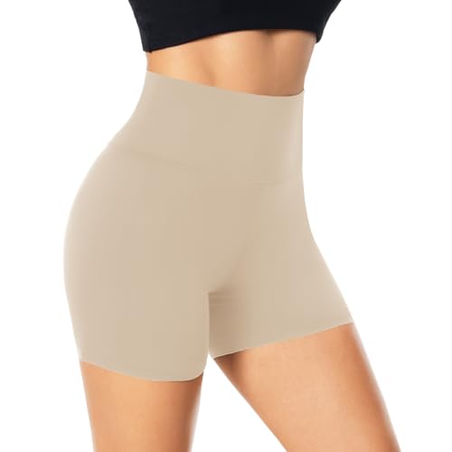 FuelMeFoot Damen Kurze Sporthose High Waist Yoga Sport Shorts Leggings für Sommer Leggins Radlerhose Fitness Hotpants Gym Bike A12-Beige S/M