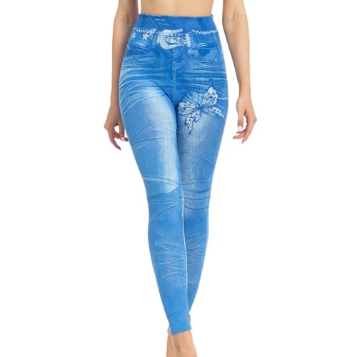 Geschenk Für Niedliche Schmetterlings-Leggings für Frauen, hohe elastische Taille, Jeans-Strumpfhose, lustiger Imitations-Denim-Druck, Workout-Yoga-Hose Paar Schlafanzug Weihnachten (Blue, XXXL)