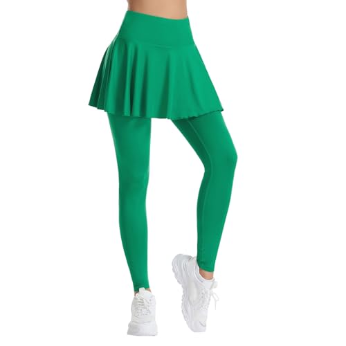 Yogahose Hosenrock Damen mit Taschen Sportskort mit Hose Hohe Taille Tennisrock Sportrock Yoga Pants Freizeithose Lang Leggings mit Rock Blickdicht Golfrock Skort Rockhose Laufhose (Green, XL)