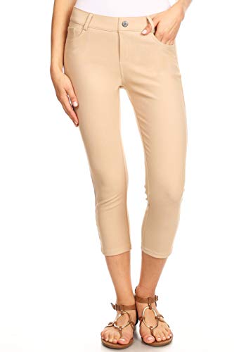 ICONOFLASH Damen Capri Jeggings mit 5 Taschen – zum Überziehen, Skinny, Stretch, farbige Jeans-Leggings mit Übergrößen-Optionen - Beige - Groß