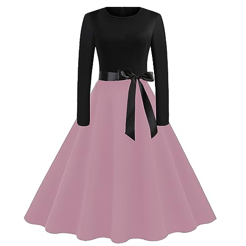 Festliche Kleider Für Damen, Damen Kleider Lang Arm Damen Kleider Hochzeit Lang Soild Color Flare Kleid Für Frauen Lange Ärmel Kleid Party Casual Kleider Weihnachts Rockabilly Kleider (1-Rosa,S)