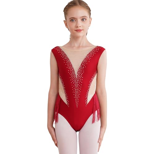 Agoky Mädchen Ärmellos Turnanzug Kinder Gymnastikanzug Streifen Tanzbody mit Mesh Spleiß Rollkragen Eiskunstlauf Anzug Klassisch Leotard Burgundy A 122-128