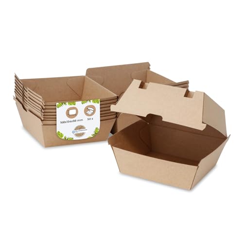 BIOZOYG Take Away Burger Box 50 Stück I robuste Burgerboxen mit hohem Klappdeckel I Hamburger Box aus Kraftkarton I stabile To Go Burger Verpackung 16,8 x 15,4 x 9,8 cm I biologisch abbaubar