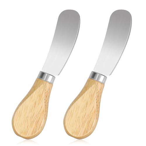 Prasacco 2 Stück Buttermesser Klein, 12 cm Edelstahl Käsemesser mit Holzgriff Kleine Brot Creme Messer Dessertmesser Set Edelstahl Streichmesser für Sahne, Käse, Butter, Marmelade (Silber + Holzfarbe)