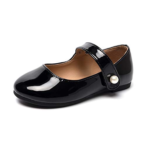 HEVA Klassische Mary-Jane-Schuhe für Mädchen mit Klettverschluss, Flache Schuhe für Hochzeitskleider Schulschuhe(10.5UK 29EU,Schwarz)