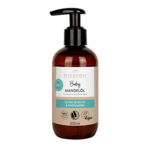 MABYEN Bio Baby Öl Mandel 200ml | Vegan, Parfümfrei, Naturkosmetik - Baby Mandelöl ideal zur Babypflege und als Baby Massageöl - in praktischer Pumpflasche - Stärkt Bindung