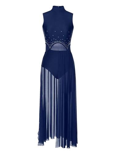 iEFiEL Damen Tanzkleid mit Strass Mesh Ballettkleid Ballett Trikotanzug Jumpsuit Tanzbody Overall Gymnastik Wettbewerb Tanzkostüm Navy blau S