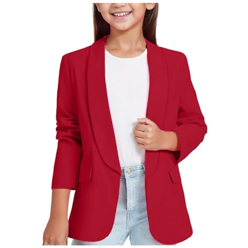 Mädchen Blazer für 3-14 Jahre Fall Langarm Anzugjacke Formale Offene Front Anzugjacke mit Innentasche Kinder British Style Herbstjacke Mantel (Red, 11-12 Years)