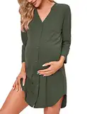 Clearlove Nachthemd Damen Geburt Stillnachthemd 3/4 Ärmel Nachtwäsche Umstandskleidung V-Ausschnitt Sleepwear Gestreift Schlafshirt mit Stillfunktion (Verpackung MEHRWEG), F-Armeegrün, XL