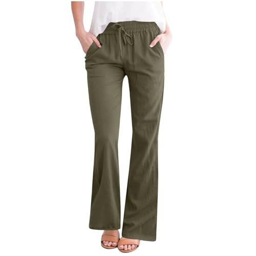 Leinenhose für Damen, Kordelzug, volle Länge, Baumwollhose, Leinen, gerades Bein, leger, ausgestellt, Loungewear, elastische Taille, Glocke, Jogginghose mit Taschen, Sommer, Strand, Reisen, Urlaub, A1