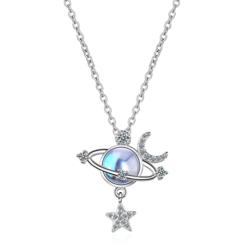 HMOOY Silber Planet Mondstein Kette, Mond und Stern Kette Stern Und Mond Planet Anhänger Kette Saturn Pentagramm Halskette Schmuck für Frauen Damen Mädchen (Style 1)