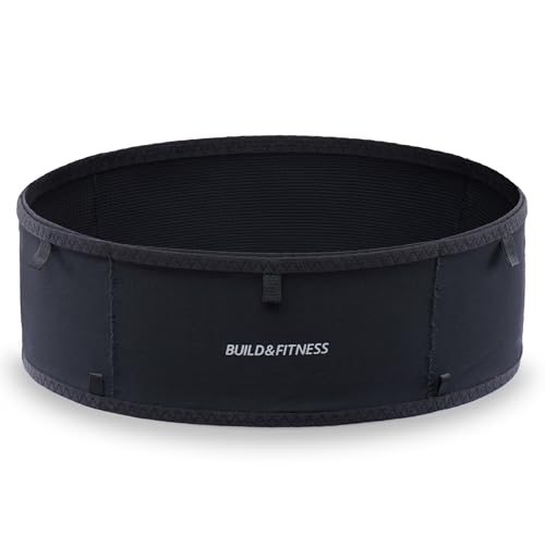Build & Fitness LiteBelt Laufgürtel – 4 schnell zugängliche Taschen von Oben – super leicht, schlank, Flip-Hüfttasche, Lauf-Handyhalter – passend für alle Größen Handys, Schlüssel, Karten, Earpods, L