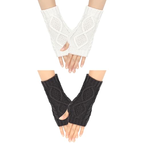 Cosysparks 2 Paare Winter Knit armstulpen damen, women arm warmers knit Lange fingerlose handschuhe arm stulpen winter mit Fingerlöchern Winter Accessoires für Frauen Mädchen